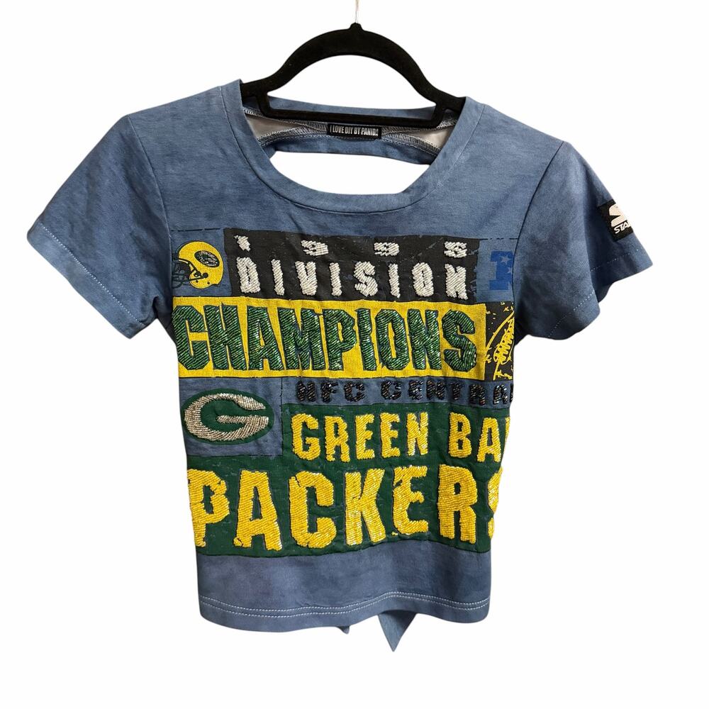 I Love DIY By Panida Green Bay Packers Dyed Hand Beaded Tie Back Crop Top Small